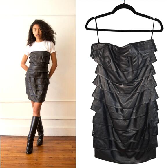 Neiman Marcus 8 Vakko LEATHER Tiered Strapless Dress Bodycon Knee Length Black - Picture 1 of 10